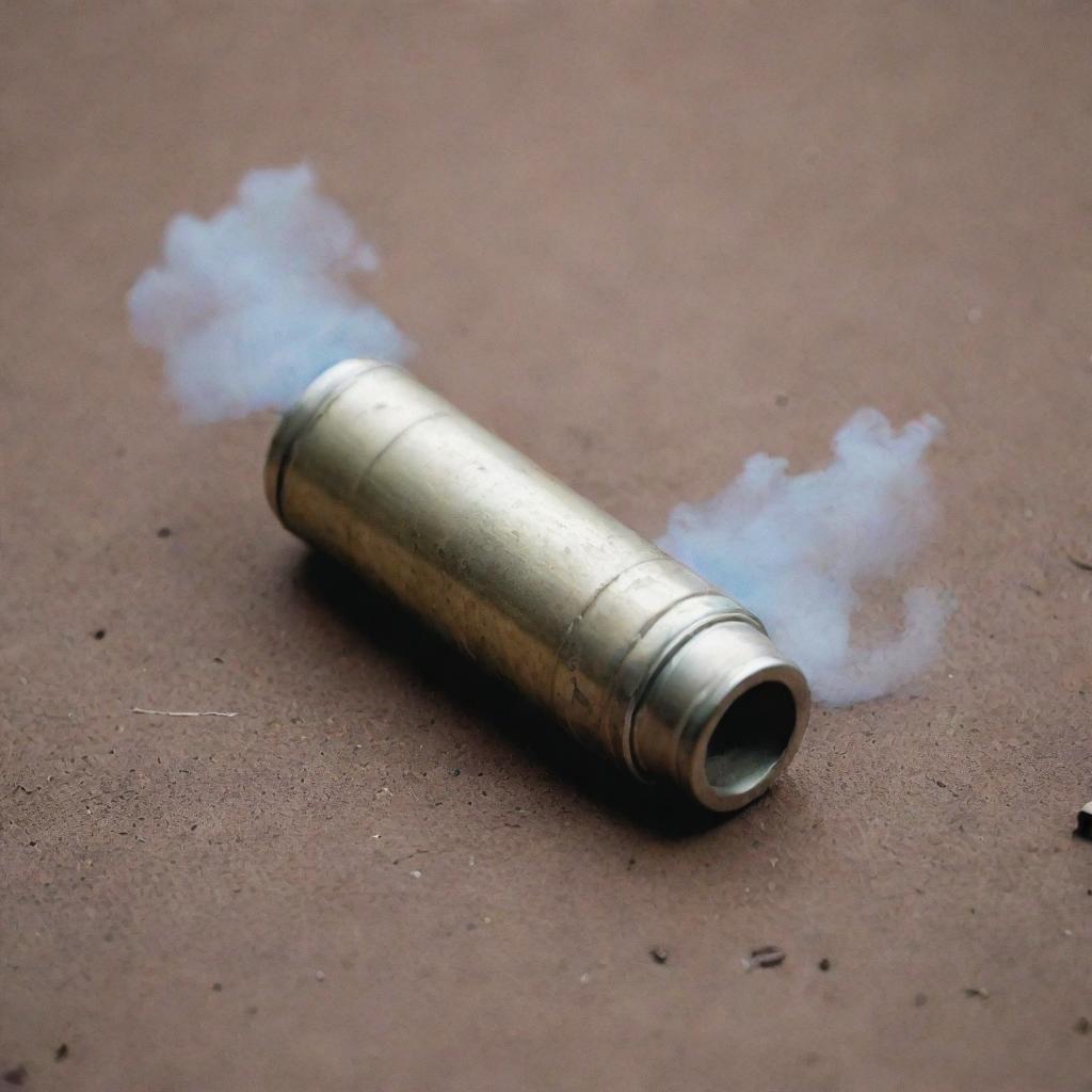 Depict a used tear gas cartridge, styled visually akin to the cinematic aesthetics found in a Gaspar Noé film.