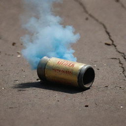 Depict a used tear gas cartridge, styled visually akin to the cinematic aesthetics found in a Gaspar Noé film.