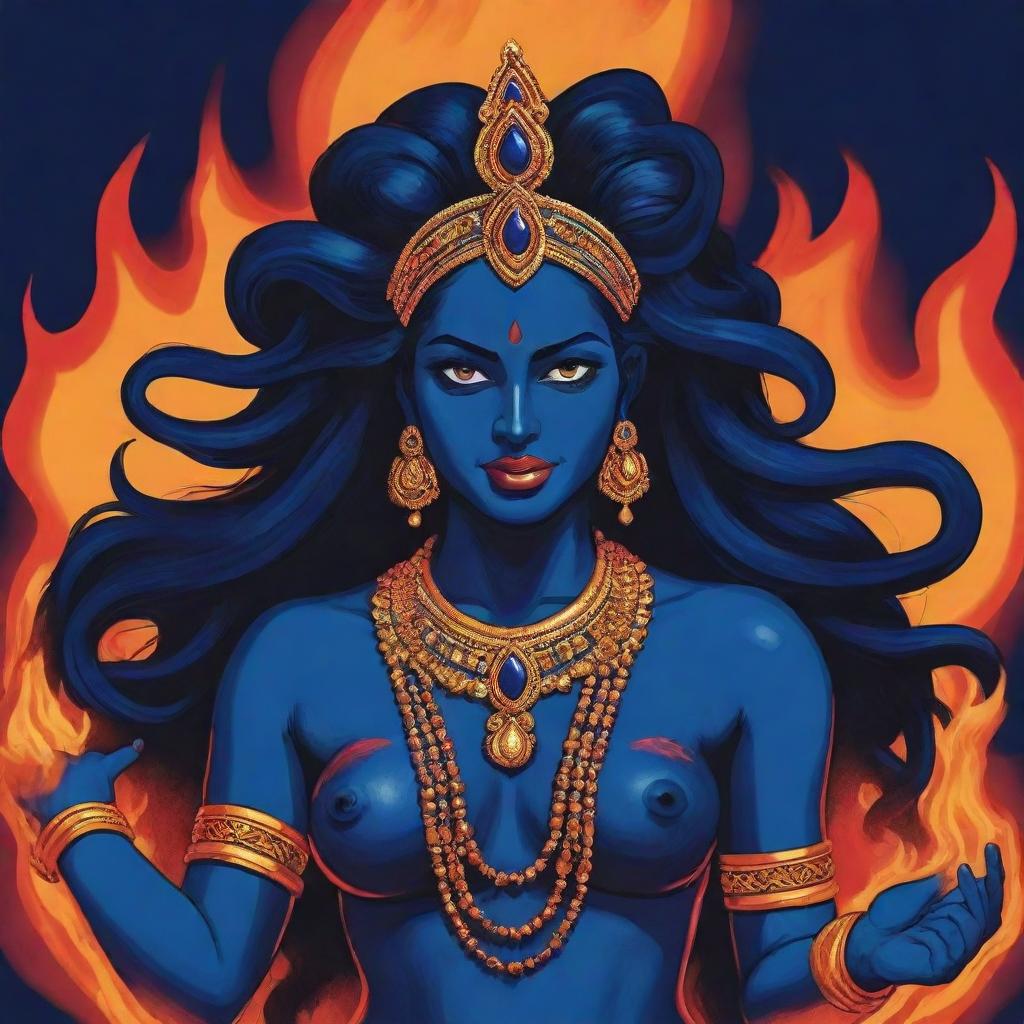 A dynamic comic-style illustration of a young Indian goddess Kali, featuring her signature midnight blue skin against a backdrop of a blazing fire, captured in vibrant colors, bold outlines, and exaggerated expressions typical of comic art.