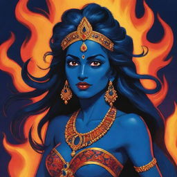 A dynamic comic-style illustration of a young Indian goddess Kali, featuring her signature midnight blue skin against a backdrop of a blazing fire, captured in vibrant colors, bold outlines, and exaggerated expressions typical of comic art.