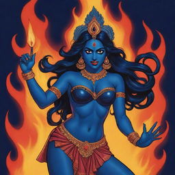 A dynamic comic-style illustration of a young Indian goddess Kali, featuring her signature midnight blue skin against a backdrop of a blazing fire, captured in vibrant colors, bold outlines, and exaggerated expressions typical of comic art.