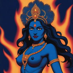 A dynamic comic-style illustration of a young Indian goddess Kali, featuring her signature midnight blue skin against a backdrop of a blazing fire, captured in vibrant colors, bold outlines, and exaggerated expressions typical of comic art.