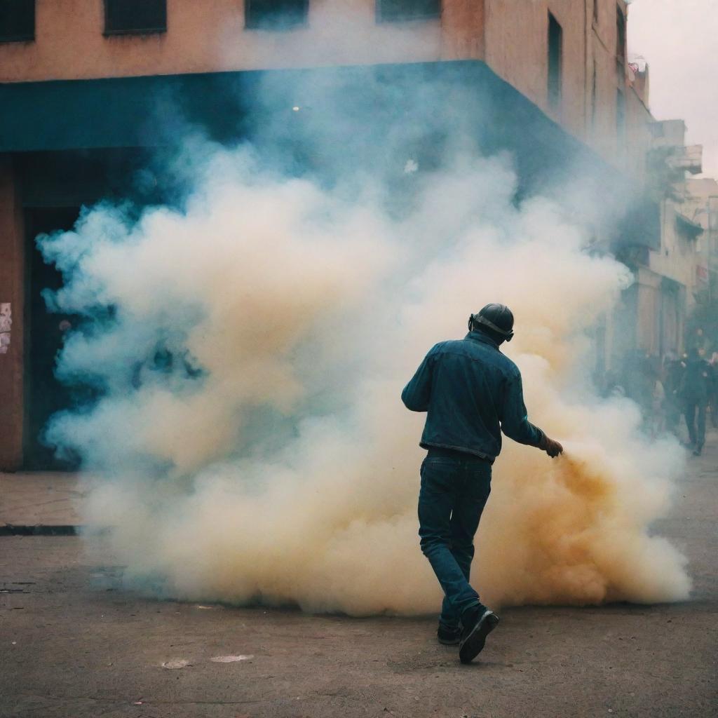 Create an image featuring tear gas with the distinctive, stylistic background reminiscent of a Gaspar Noé film.