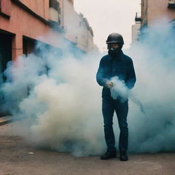 Create an image featuring tear gas with the distinctive, stylistic background reminiscent of a Gaspar Noé film.