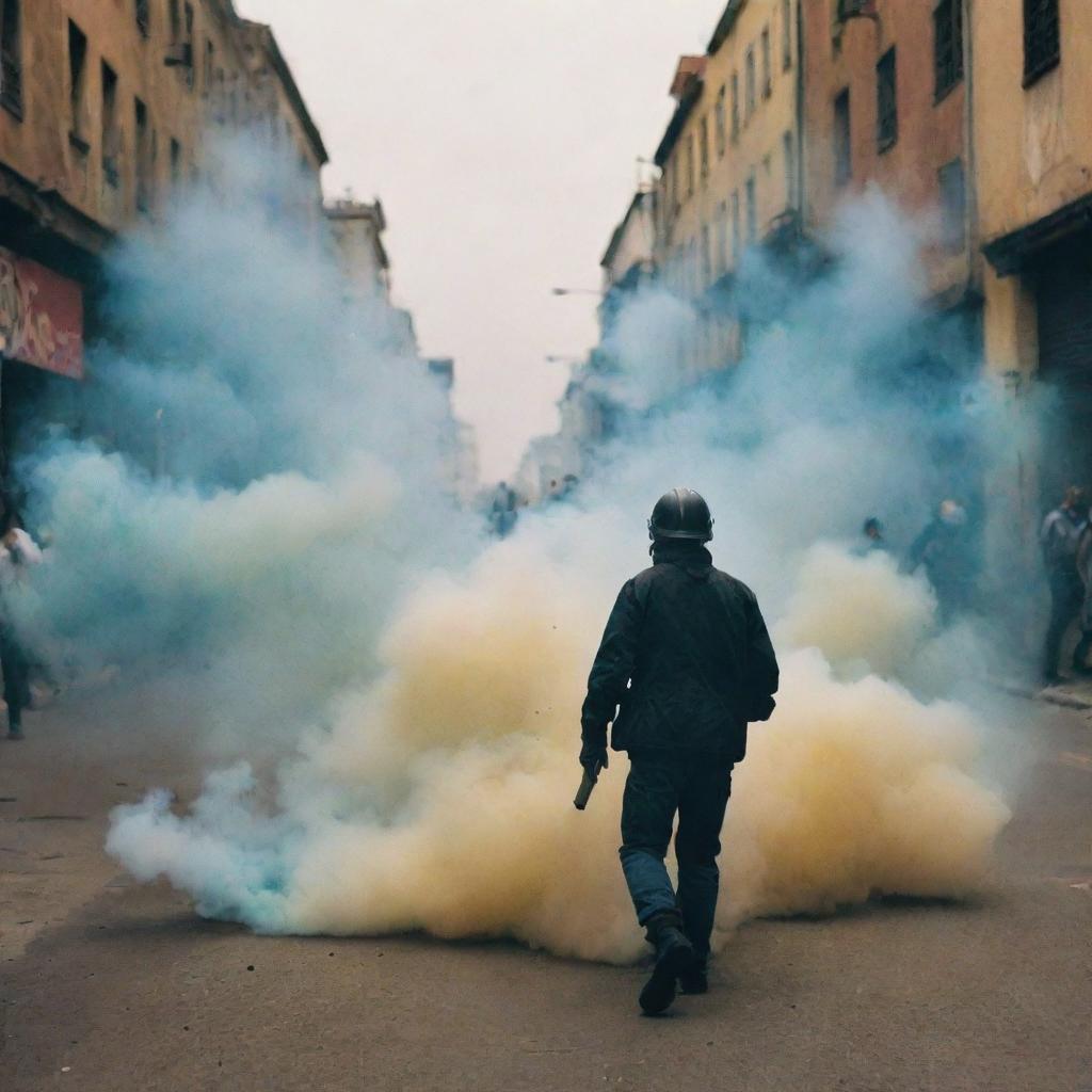 Create an image featuring tear gas with the distinctive, stylistic background reminiscent of a Gaspar Noé film.