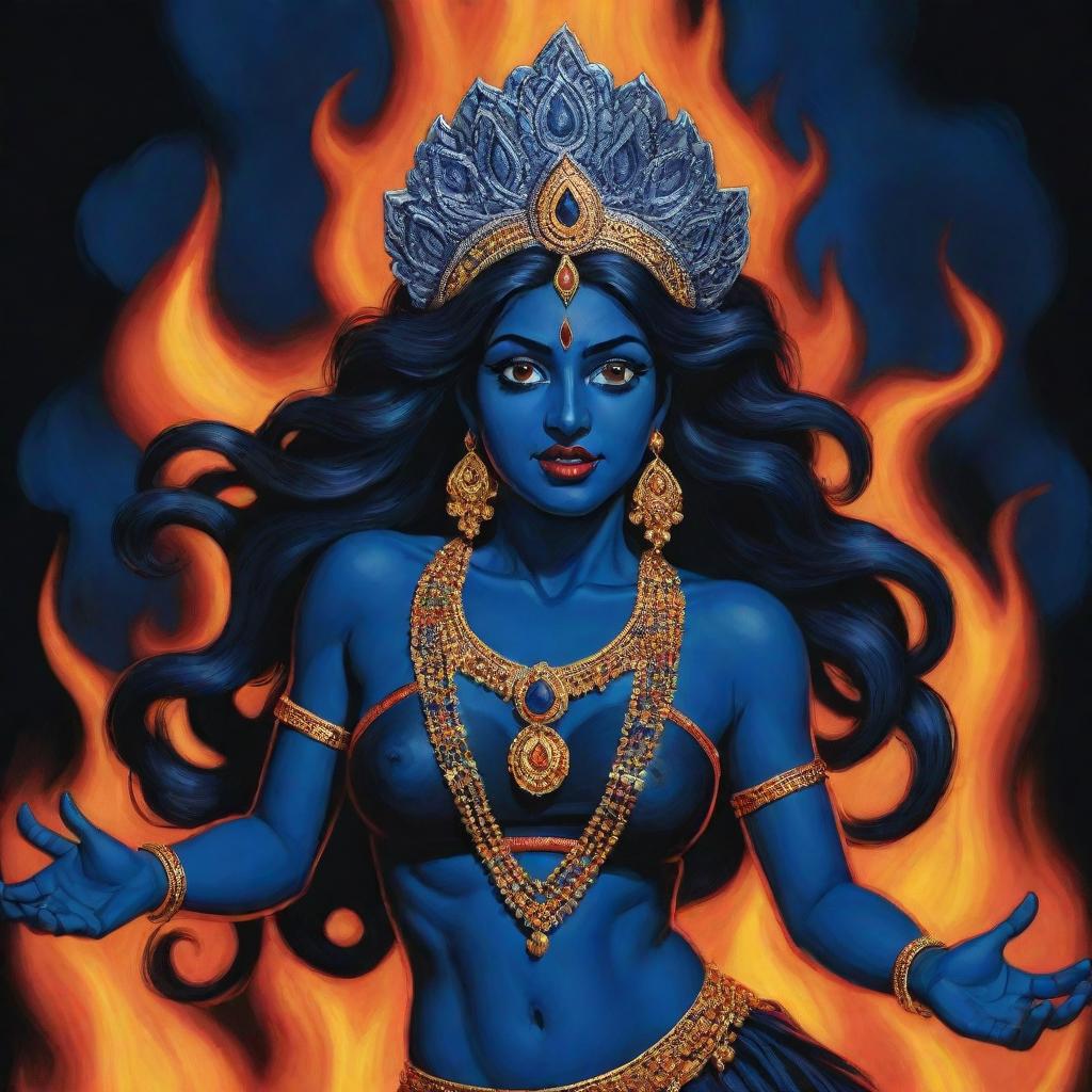 A comic-style depiction of a young Indian goddess Kali with captivating midnight blue skin, set against a dynamic backdrop of roaring fire, embodying powerful vibrancy and juvenile energy typical of comic art.