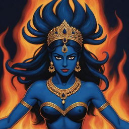 A comic-style depiction of a young Indian goddess Kali with captivating midnight blue skin, set against a dynamic backdrop of roaring fire, embodying powerful vibrancy and juvenile energy typical of comic art.