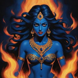 A comic-style depiction of a young Indian goddess Kali with captivating midnight blue skin, set against a dynamic backdrop of roaring fire, embodying powerful vibrancy and juvenile energy typical of comic art.