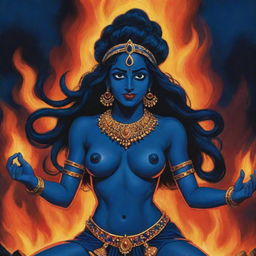 A comic-style depiction of a young Indian goddess Kali with captivating midnight blue skin, set against a dynamic backdrop of roaring fire, embodying powerful vibrancy and juvenile energy typical of comic art.