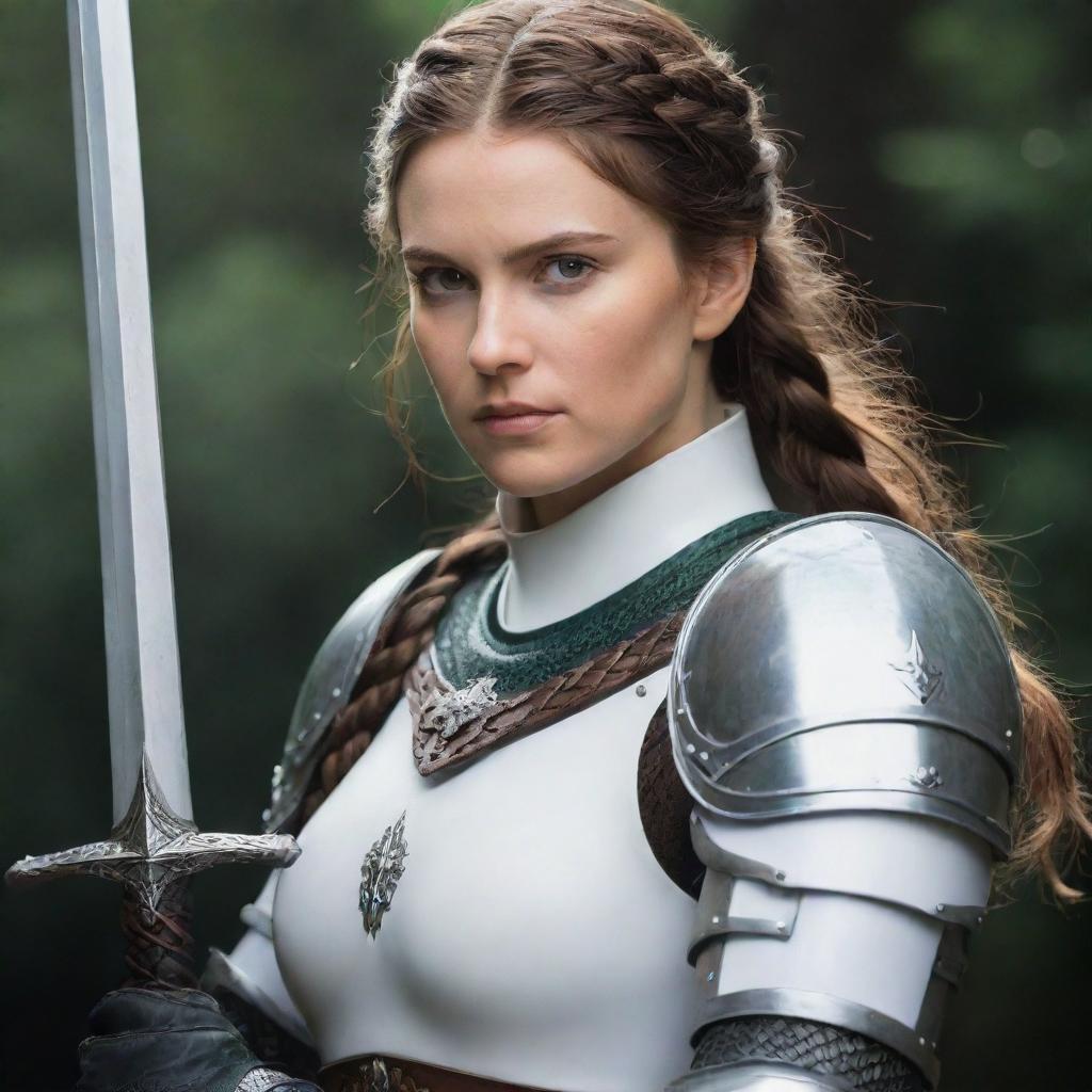 A female knight with brown hair styled in a braid and dark green eyes. She is donned in white armor, in a dark fantasy style resembling The Witcher, Game of Thrones, or Berserk. In her hand is a paladin sword.