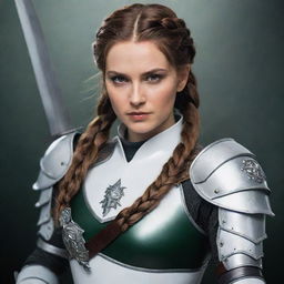 A female knight with brown hair styled in a braid and dark green eyes. She is donned in white armor, in a dark fantasy style resembling The Witcher, Game of Thrones, or Berserk. In her hand is a paladin sword.