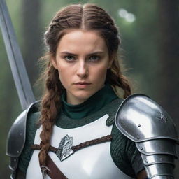 A female knight with brown hair styled in a braid and dark green eyes. She is donned in white armor, in a dark fantasy style resembling The Witcher, Game of Thrones, or Berserk. In her hand is a paladin sword.