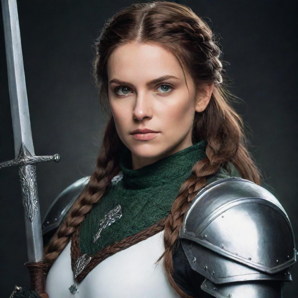 A female knight with brown hair styled in a braid and dark green eyes. She is donned in white armor, in a dark fantasy style resembling The Witcher, Game of Thrones, or Berserk. In her hand is a paladin sword.