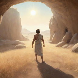 Realistically stylized cartoon scene from 380 BC: A single person, having left the confines of the ancient cave, standing in a sun-drenched field reveling in their freedom.