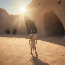 Realistically stylized cartoon scene from 380 BC: A single person, having left the confines of the ancient cave, standing in a sun-drenched field reveling in their freedom.