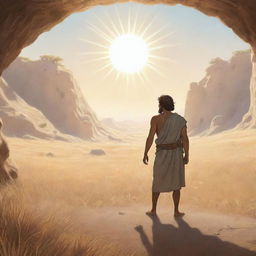 Realistically stylized cartoon scene from 380 BC: A single person, having left the confines of the ancient cave, standing in a sun-drenched field reveling in their freedom.