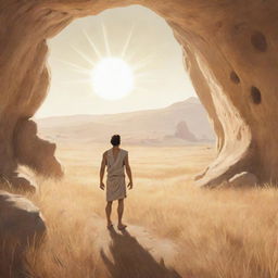 Realistically stylized cartoon scene from 380 BC: A single person, having left the confines of the ancient cave, standing in a sun-drenched field reveling in their freedom.