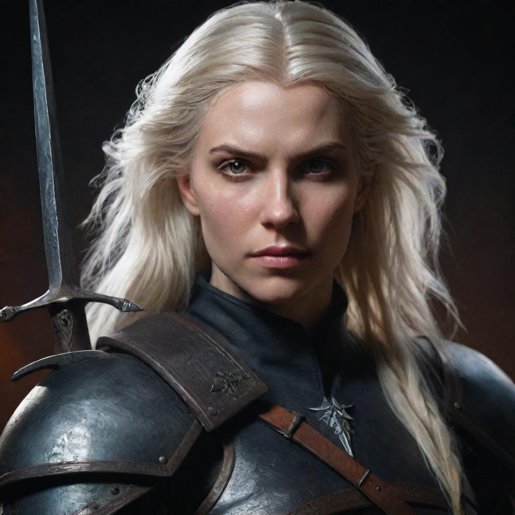 A blonde haired female Witcher with brown eyes, styled in dark retro fantasy similar to concept art from The Witcher or Game of Thrones. She encapsulates the Targaryen style, holding a paladin weapon.