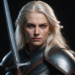 A blonde haired female Witcher with brown eyes, styled in dark retro fantasy similar to concept art from The Witcher or Game of Thrones. She encapsulates the Targaryen style, holding a paladin weapon.