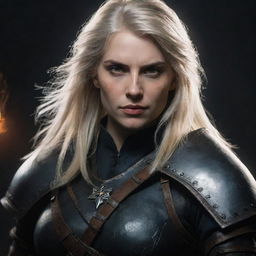 A blonde haired female Witcher with brown eyes, styled in dark retro fantasy similar to concept art from The Witcher or Game of Thrones. She encapsulates the Targaryen style, holding a paladin weapon.