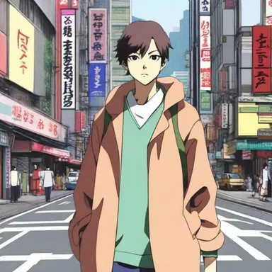 The protagonist, dressed in drably colored clothes, navigates through the bustling streets of Tokyo.