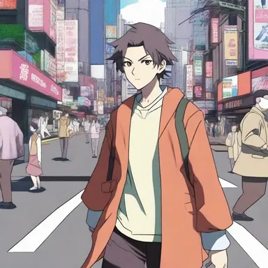 The protagonist, dressed in drably colored clothes, navigates through the bustling streets of Tokyo.