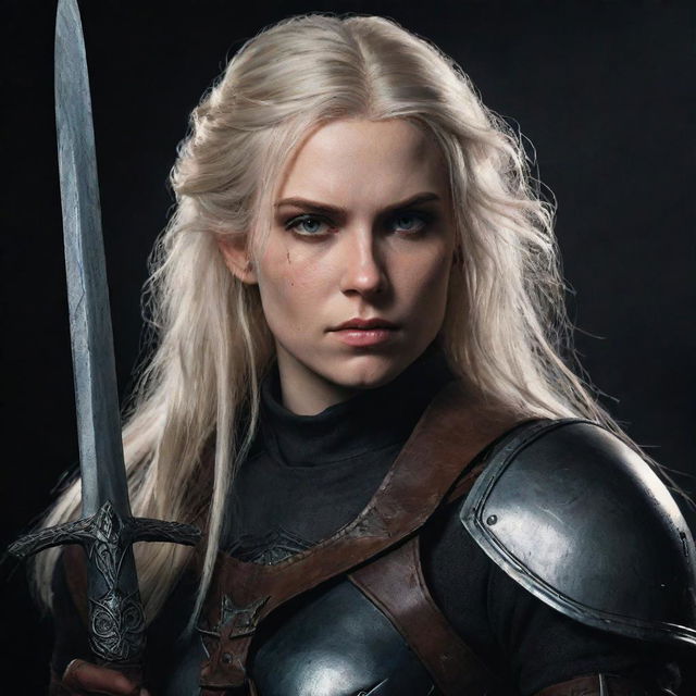 A blonde haired female Witcher with brown eyes, styled in dark retro fantasy similar to concept art from The Witcher or Game of Thrones. She encapsulates the Targaryen style, holding a paladin weapon.