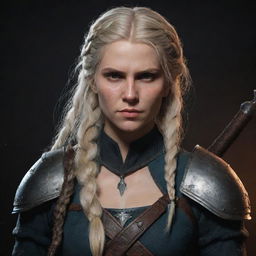 An 80's style dark fantasy concept art of a female Witcher with blonde hair in a braid and brown eyes, influenced by The Witcher and Game of Thrones, embodying Targaryen aesthetics, wielding a paladin weapon.