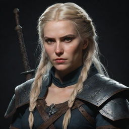 An 80's style dark fantasy concept art of a female Witcher with blonde hair in a braid and brown eyes, influenced by The Witcher and Game of Thrones, embodying Targaryen aesthetics, wielding a paladin weapon.