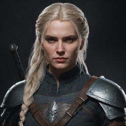 An 80's style dark fantasy concept art of a female Witcher with blonde hair in a braid and brown eyes, influenced by The Witcher and Game of Thrones, embodying Targaryen aesthetics, wielding a paladin weapon.