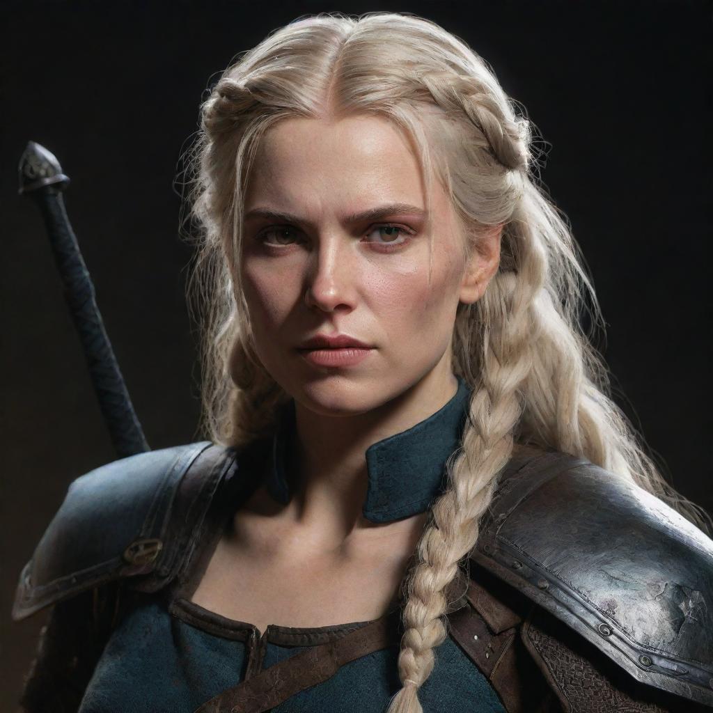 An 80's style dark fantasy concept art of a female Witcher with blonde hair in a braid and brown eyes, influenced by The Witcher and Game of Thrones, embodying Targaryen aesthetics, wielding a paladin weapon.