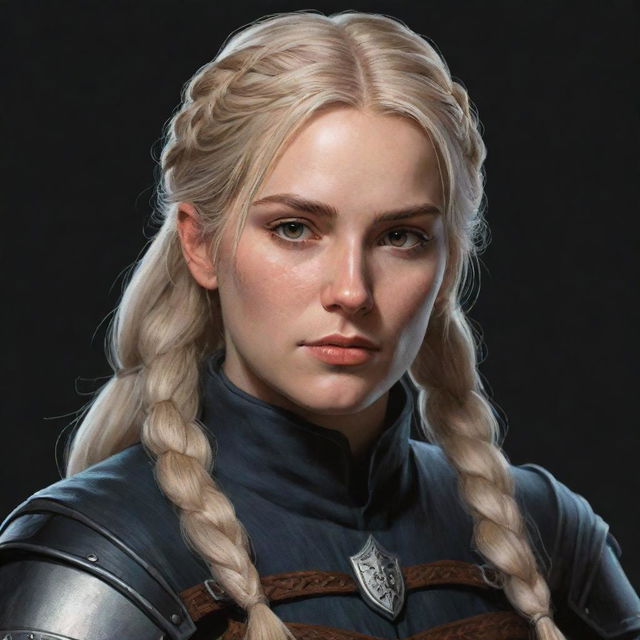 An 80's style dark fantasy drawing of a female Witcher, a paladin knight with blonde hair in a braid and brown eyes, inspired by The Witcher and Game of Thrones, encapsulating Targaryen aesthetics.