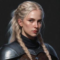 An 80's style dark fantasy drawing of a female Witcher, a paladin knight with blonde hair in a braid and brown eyes, inspired by The Witcher and Game of Thrones, encapsulating Targaryen aesthetics.