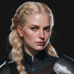 An 80's style dark fantasy drawing of a female Witcher, a paladin knight with blonde hair in a braid and brown eyes, inspired by The Witcher and Game of Thrones, encapsulating Targaryen aesthetics.