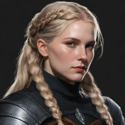 An 80's style dark fantasy drawing of a female Witcher, a paladin knight with blonde hair in a braid and brown eyes, inspired by The Witcher and Game of Thrones, encapsulating Targaryen aesthetics.