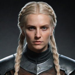 A female Witcher, an 80's style paladin knight with blonde hair in a braid and brown eyes. Influenced by The Witcher and Game of Thrones, embodying the Targaryen style. She has a scar crossing her mouth and eye.