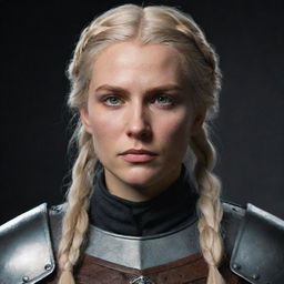 A female Witcher, an 80's style paladin knight with blonde hair in a braid and brown eyes. Influenced by The Witcher and Game of Thrones, embodying the Targaryen style. She has a scar crossing her mouth and eye.