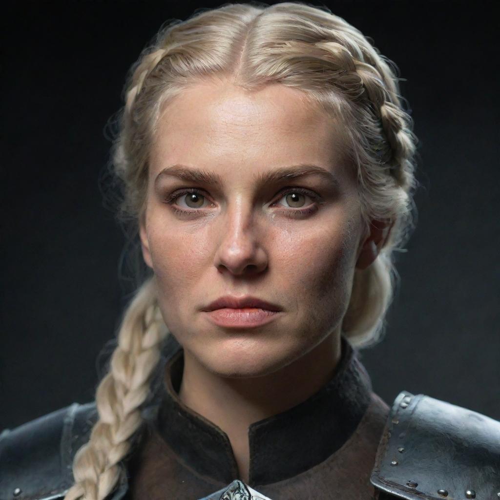 A female Witcher, an 80's style paladin knight with blonde hair in a braid and brown eyes. Influenced by The Witcher and Game of Thrones, embodying the Targaryen style. She has a scar crossing her mouth and eye.