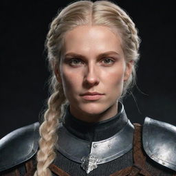 A female Witcher, an 80's style paladin knight with blonde hair in a braid and brown eyes. Influenced by The Witcher and Game of Thrones, embodying the Targaryen style. She has a scar crossing her mouth and eye.