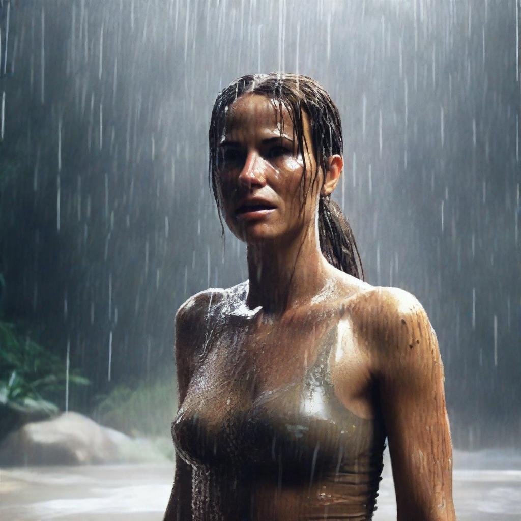 Lara Croft, the fearless adventurer, takes a well-deserved shower after an intense and long battle