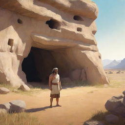 Realistically stylized cartoon scene from 380 BC: A single individual, garbed like the others, standing outside the ancient cave in a sunlit field, basking in newfound freedom.