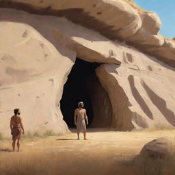 Realistically stylized cartoon scene from 380 BC: A single individual, garbed like the others, standing outside the ancient cave in a sunlit field, basking in newfound freedom.