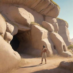 Realistically stylized cartoon scene from 380 BC: A single individual, garbed like the others, standing outside the ancient cave in a sunlit field, basking in newfound freedom.