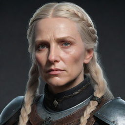 An older female Witcher, an 80's styled paladin knight with blonde hair in a braid and brown eyes. She carries a scar across her mouth and eye, inspired by the aesthetic of The Witcher, Game of Thrones, Targaryen, and Star Wars.