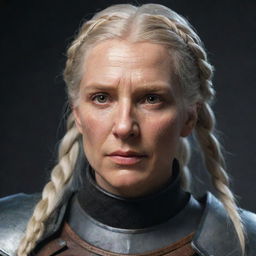 An older female Witcher, an 80's styled paladin knight with blonde hair in a braid and brown eyes. She carries a scar across her mouth and eye, inspired by the aesthetic of The Witcher, Game of Thrones, Targaryen, and Star Wars.