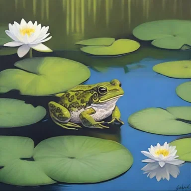 The artist painted a beautiful landscape featuring a serene pond where a Bufo toad peacefully sat among the lily pads.