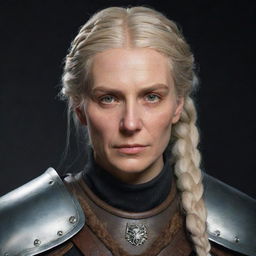 An older female Witcher, an 80's styled paladin knight with blonde hair in a braid and brown eyes. She carries a scar across her mouth and eye, inspired by the aesthetic of The Witcher, Game of Thrones, Targaryen, and Star Wars.