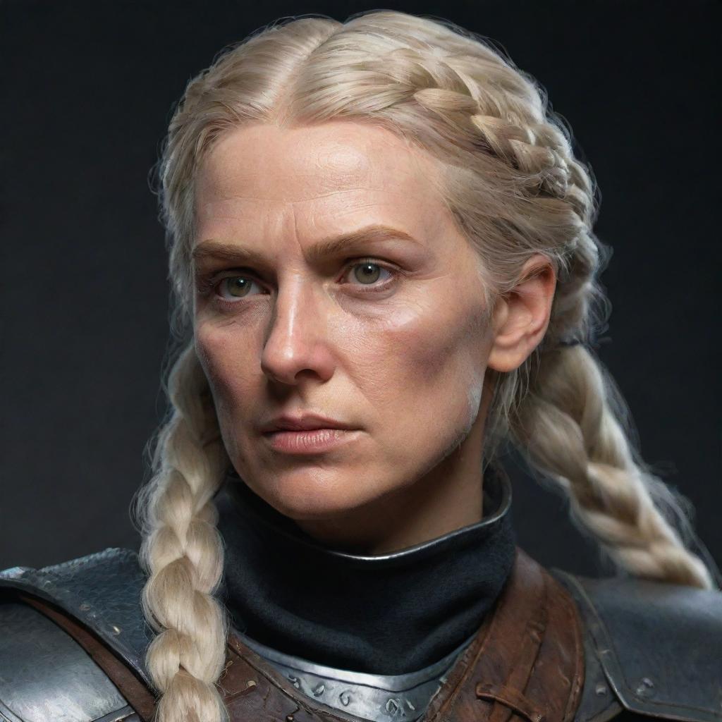 An older female Witcher, an 80's styled paladin knight with blonde hair in a braid and brown eyes. She carries a scar across her mouth and eye, inspired by the aesthetic of The Witcher, Game of Thrones, Targaryen, and Star Wars.