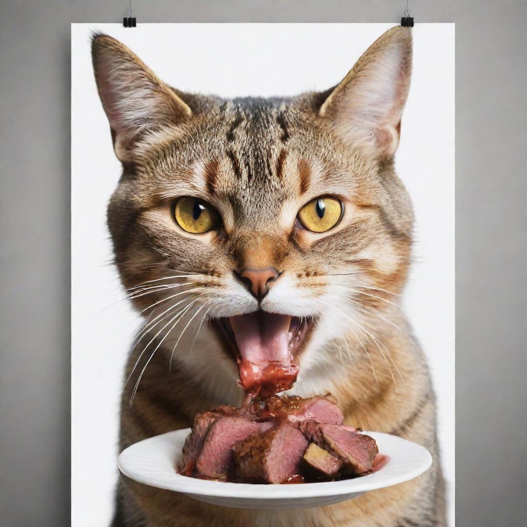 Generate a dramatic poster featuring a cat ferociously eating meat, its eyes gleaming with intensity.