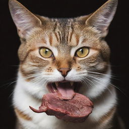 Generate a dramatic poster featuring a cat ferociously eating meat, its eyes gleaming with intensity.